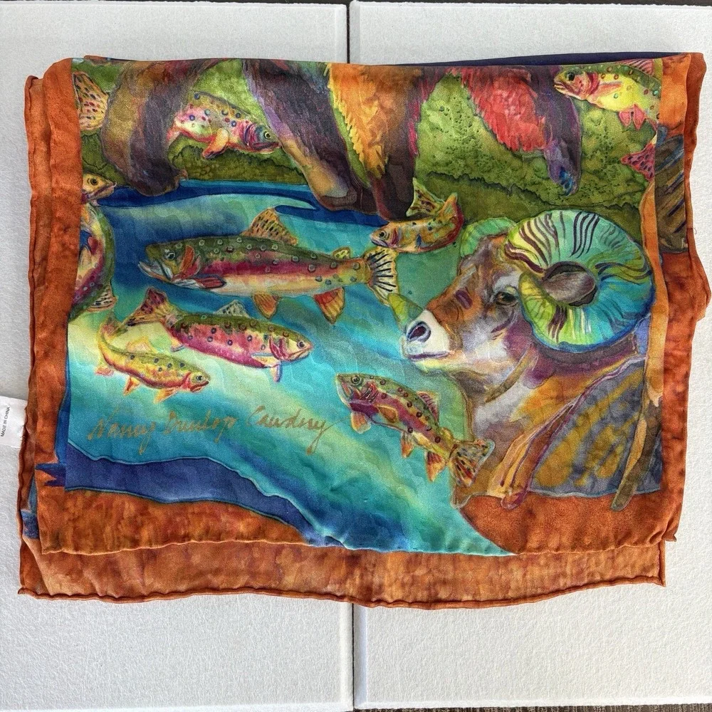Glacier National Park Centennial Silk Scarf Nancy Dunlop Cawdrey 13X60 Wildlife - Picture 1 of 8
